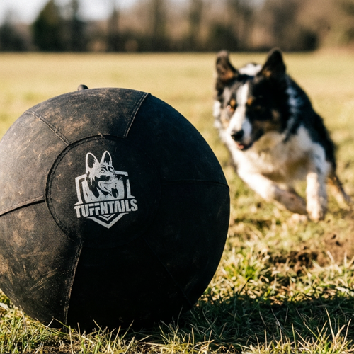 Black TUFFNTAILS herding ball on grass with a dog in the background